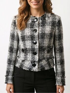 Mac & Jac tweed navy and white size Medium button front. Frayed trim. Cute